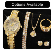 Luxury Women's Gold Quartz Watch Fashionable Diamond Wristwatch Set with Elegant Bracelet for Ladies