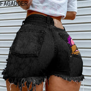 FAGADOER High Waisted Torn Denim Shorts for Women Casual Y2K Street Style with Eye Catching Printing Tassels