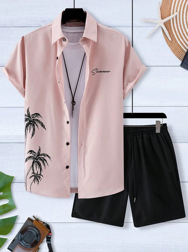 Casual Men's Short-Sleeved Shirt and Beach Shorts Set for Hawaiian Vacation Eye-Catching Design That Keeps Shorts Cool