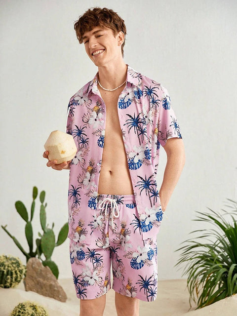 Casual Men's Short-Sleeved Shirt and Beach Shorts Set for Hawaiian Vacation Eye-Catching Design That Keeps Shorts Cool