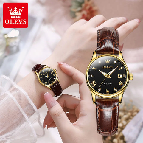 OLEVS Brand Women's Mechanical Watch with Simple Leather Strap Calendar Fully Automatic 9932 Model