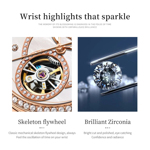 OLEVS 7036 Automatic Mechanical Wrist Watch for Women with Elegant Steel Strap Skeleton Starry Sky Diamond Bezel