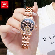 OLEVS 7036 Automatic Mechanical Wrist Watch for Women with Elegant Steel Strap Skeleton Starry Sky Diamond Bezel