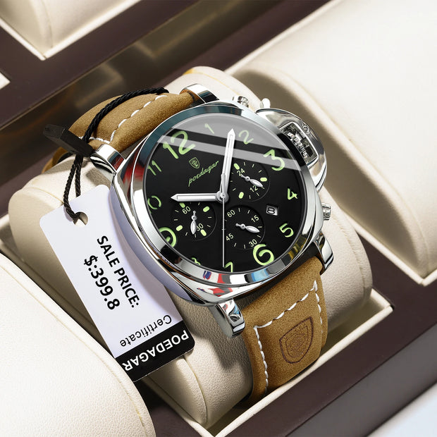 POEDAGAR Luxury Men's Quartz Watch Chronograph Waterproof Luminous Date Casual Leather Sports Military Wristwatch