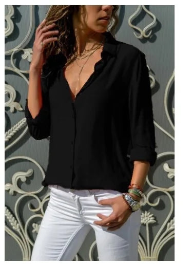 Elegant Women's Chiffon Blouse Solid Color V-Neck Long Sleeve Casual Shirt for Office Lady Tunics Oversized Tops