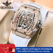 OUPINKE 3225 Luxury Business Mechanical Watch for Women Hollow Diamond Silicone Strap Waterproof Fashion Dress Clock