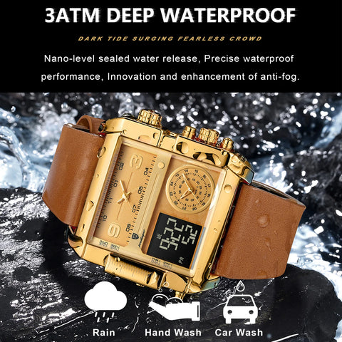 Luxury Men's Quartz Wristwatch Multifunctional Digital Watch with Rectangle Waterproof Luminous Hour and Day Week Display