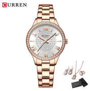 Luxury Stainless Steel Quartz Wristwatch for Women with Rhinestones Elegant Ladies Watch Gift Jewelry Set 5pcs