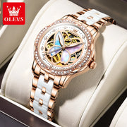 OLEVS Elegant Ladies Watch Butterfly Dial Design Waterproof Ceramic Strap Bracelet Set with Diamonds Ideal Gift