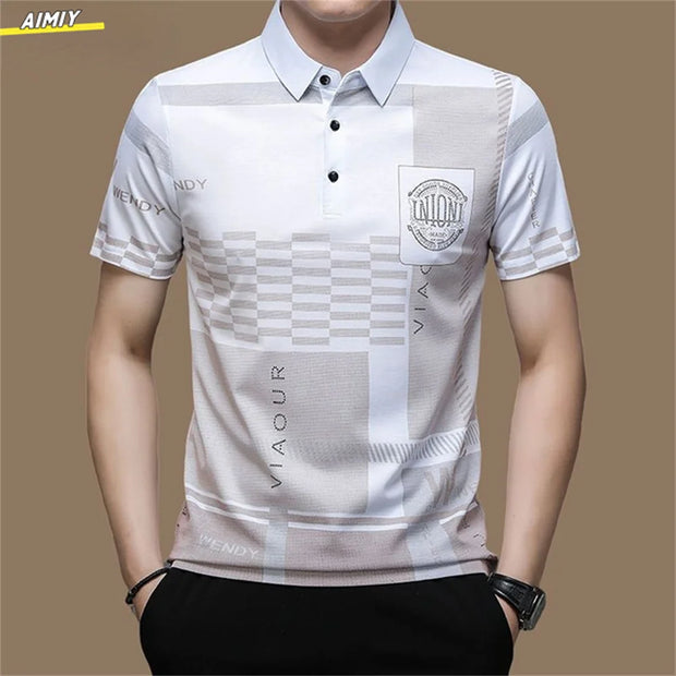 Casual Business Men's Polo Shirt Short Sleeves Summer Pattern Print Button-up Loose Fashion Tops