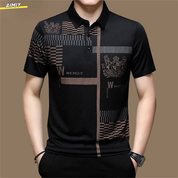 Casual Business Men's Polo Shirt Short Sleeves Summer Pattern Print Button-up Loose Fashion Tops