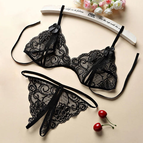 Hot Sexy Underwear 3-Piece Cutout Perspective Bra Set Women Bow Sexy Lingerie + Solid Thong Sets with Garters Sex Underwear Set