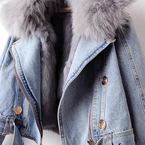 2024 Autumn Winter Women's Denim Jacket with Detachable Faux Fox Rabbit Fur Lining Short Top for Cold Weather Parker Outwear