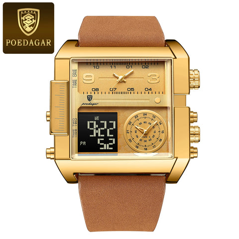 Luxury Men's Quartz Wristwatch Multifunctional Digital Watch with Rectangle Waterproof Luminous Hour and Day Week Display