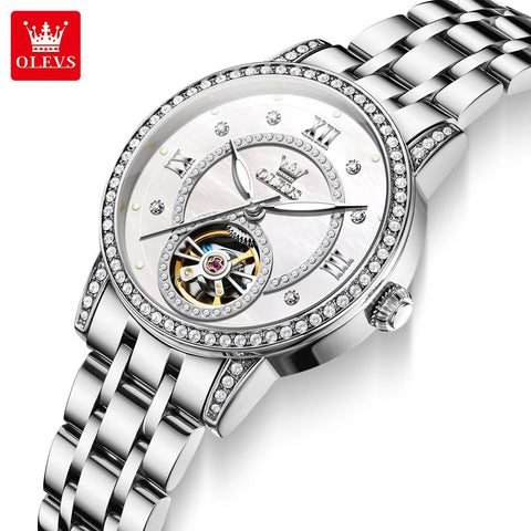 OLEVS 7036 Automatic Mechanical Wrist Watch for Women with Elegant Steel Strap Skeleton Starry Sky Diamond Bezel