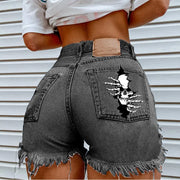 Denim Shorts for Women High Street Style with Red Lips Printed Jean Shorts Causal New Teeth Bite Bullet Pattern Summer Tassel Shorts