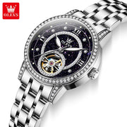 OLEVS 7036 Automatic Mechanical Wrist Watch for Women with Elegant Steel Strap Skeleton Starry Sky Diamond Bezel