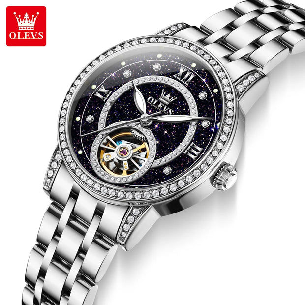 OLEVS 7036 Automatic Mechanical Wrist Watch for Women with Elegant Steel Strap Skeleton Starry Sky Diamond Bezel