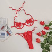 Hot Sexy Underwear 3-Piece Cutout Perspective Bra Set Women Bow Sexy Lingerie + Solid Thong Sets with Garters Sex Underwear Set