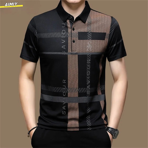 Casual Business Men's Polo Shirt Short Sleeves Summer Pattern Print Button-up Loose Fashion Tops