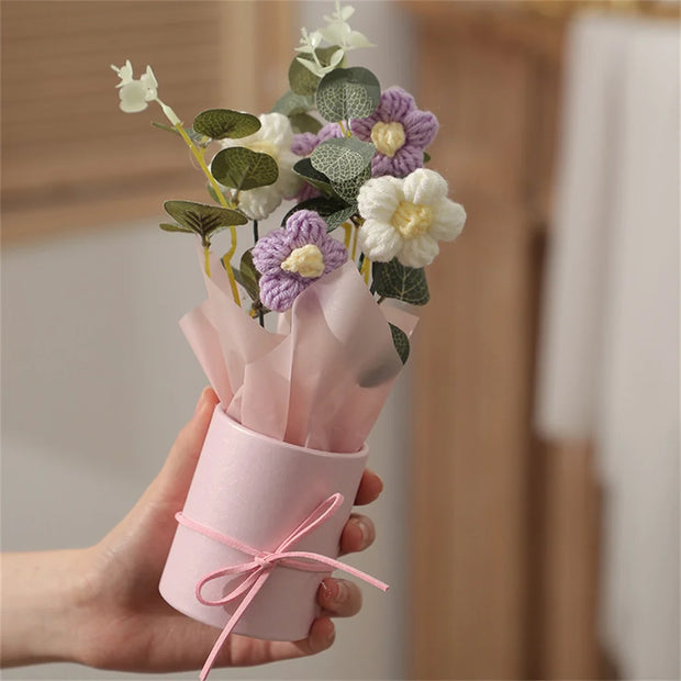 5PCS Knitted Flowers Puff Bucket Bouquet Woolen Flowers DIY Hand Knitted Flowers for Valentine's Day Christmas Gifts