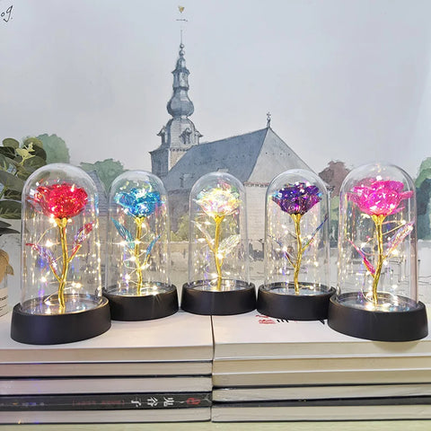 Artificial Rose Flowers Eternal Flower In Glass Cover Rose Light Wedding Birthday Gift Valentine's Day Luminescence Ornaments