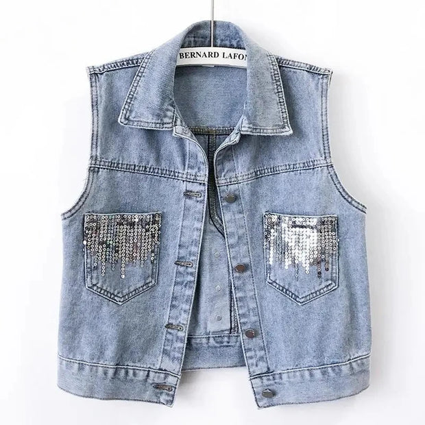 2024 Fashion Design Women's Denim Vest Sequins Waistcoat Korean Style Leeveless Jacket for Summer Autumn Season