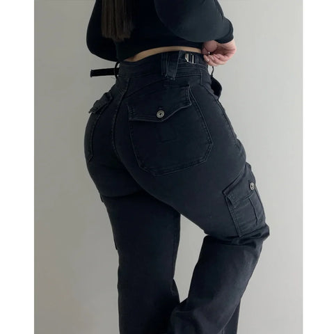 Women Straight Cargo Jeans Women's Streetwear Stretchy High Waisted Jeans Unique Multi-Pocket Female Trousers Pocket Design