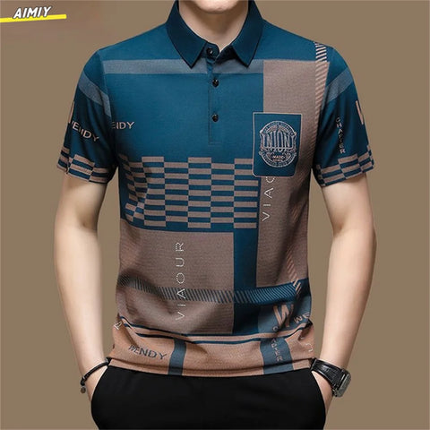 Casual Business Men's Polo Shirt Short Sleeves Summer Pattern Print Button-up Loose Fashion Tops