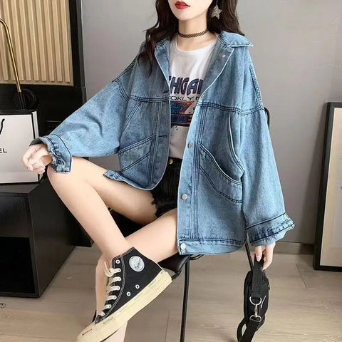 Elegant Women's Denim Coat with Turn Down Collar Maxi Length Single Breasted Casual Streetwear Jeans Jacket for Autumn and Spring