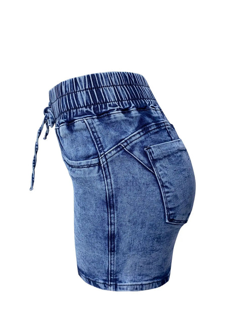 2024 Women Denim Shorts Casual High Waist Pocket Elastic Waist Drawstring Denim Shorts