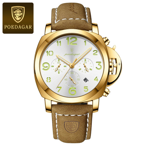 POEDAGAR Luxury Men's Quartz Watch Chronograph Waterproof Luminous Date Casual Leather Sports Military Wristwatch