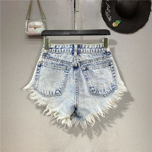 Single Breasted A-line Denim Wide Leg Shorts for Women's Summer High Waisted Fringed Fur Edge Washed Jeans Shorts