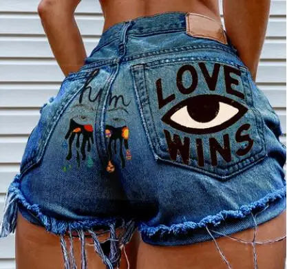 Eye Graffiti Pattern Women's Denim Shorts 2022 Summer High Waist Short Mujer Fashion Ripped Jean Shorts Streetwear Shorts w173