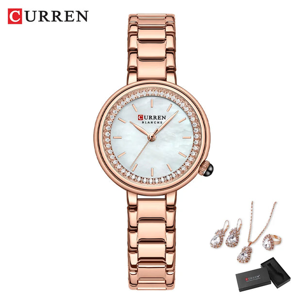 Luxury Stainless Steel Quartz Wristwatch for Women with Rhinestones Elegant Ladies Watch Gift Jewelry Set 5pcs