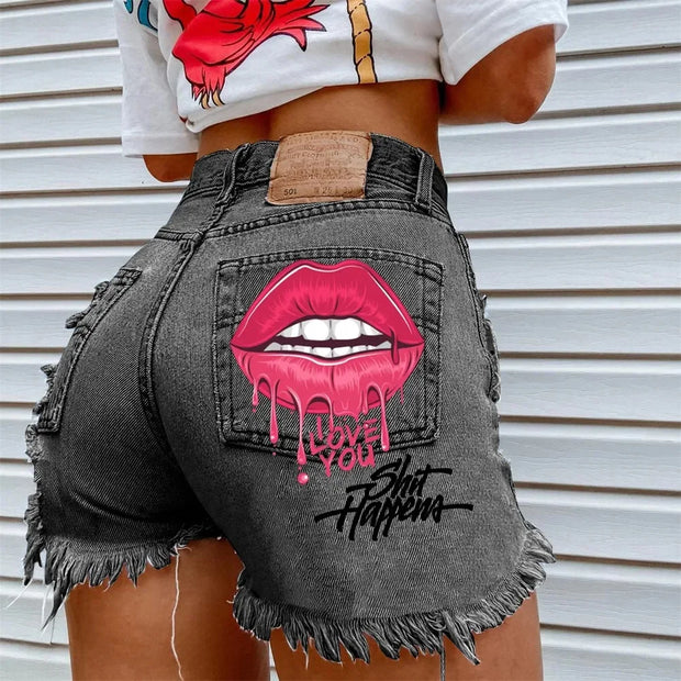 FAGADOER High Waisted Torn Denim Shorts for Women Casual Y2K Street Style with Eye Catching Printing Tassels