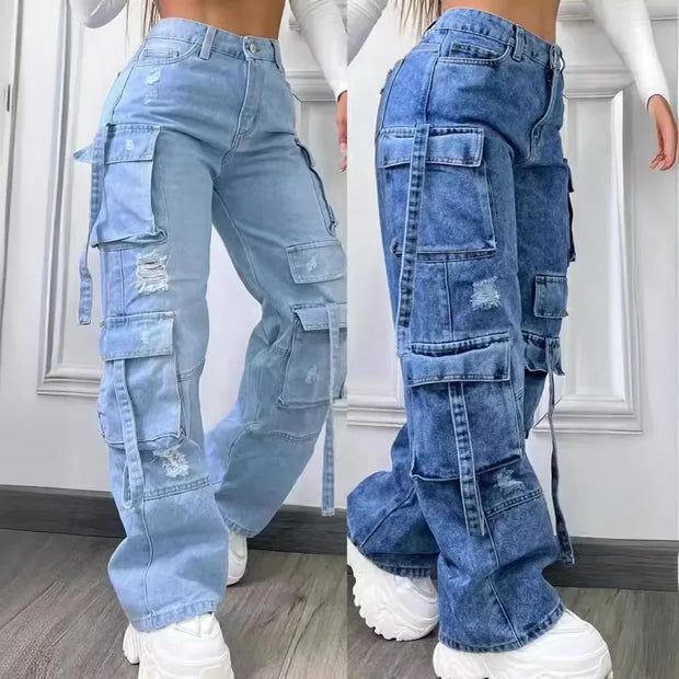 High Waist Women Denim Trousers Fashionable Solid Color Casual Pants with Multi-pocket Large Size for Ladies