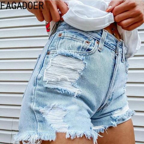 FAGADOER High Waisted Torn Denim Shorts for Women Casual Y2K Street Style with Eye Catching Printing Tassels