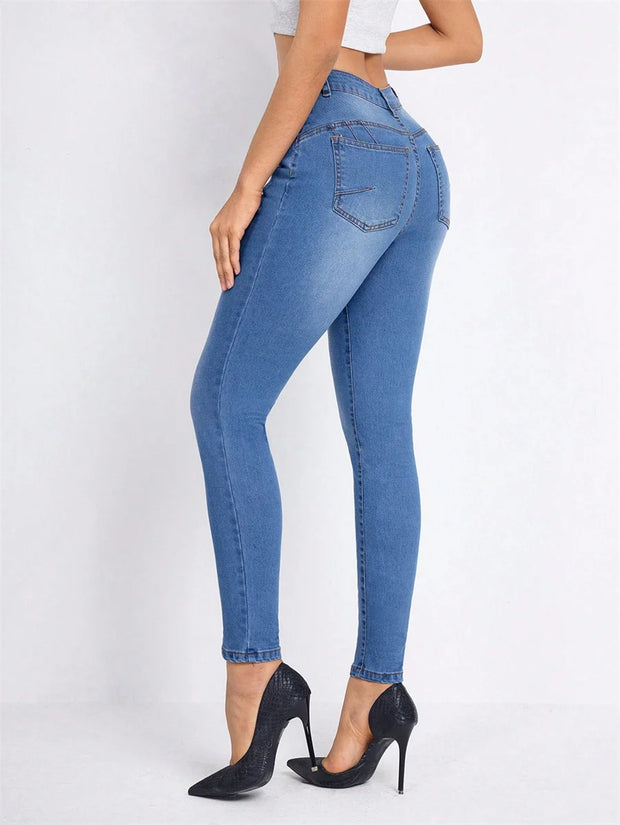 Benuynffy Stretch Mid Waisted Jeans for Women Fashionable Slim Fit Denim Trousers Sexy Streetwear Pencil Pants for Spring Summer