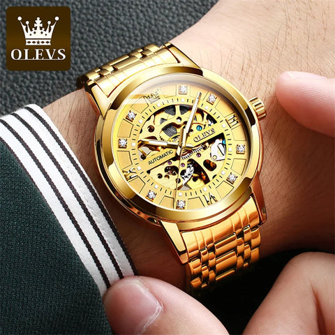 OLEVS Men's Luxury Sports Skeleton Luminous Automatic Watch Gold Steel Mechanical Wristwatch Waterproof Reloj Hombre