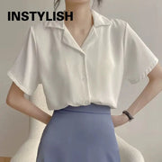 Elegant Women's Summer Chiffon Blouse Casual Turn Down Collar Short Sleeve Loose Shirt Korean Chic Female Tunic