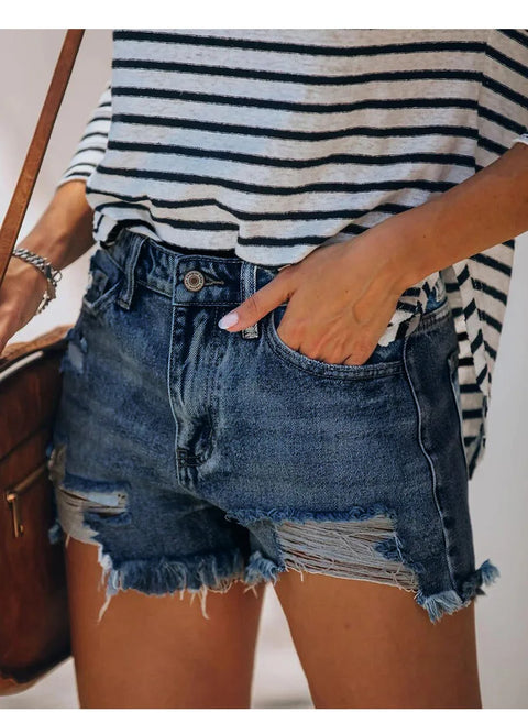 2025 Summer New Women's Ripped Denim Shorts Fashion High Elastic Tassel Straight Jeans Shorts Casual Sexy Ladies Shorts