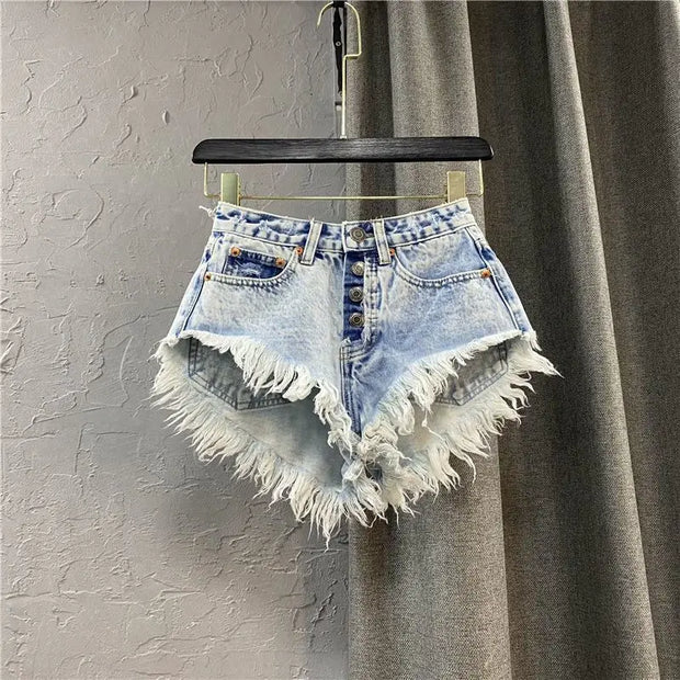 Single Breasted A-line Denim Wide Leg Shorts for Women's Summer High Waisted Fringed Fur Edge Washed Jeans Shorts