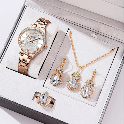 Luxury Stainless Steel Quartz Wristwatch for Women with Rhinestones Elegant Ladies Watch Gift Jewelry Set 5pcs