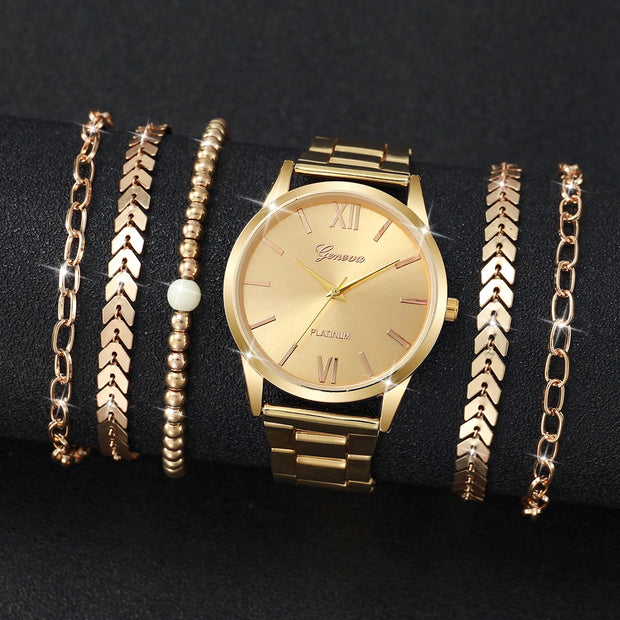 Fashionable Women's Quartz Watch 6PCS Set with Gold Steel Band Unisex Bracelets Style for Casual and Business Wear