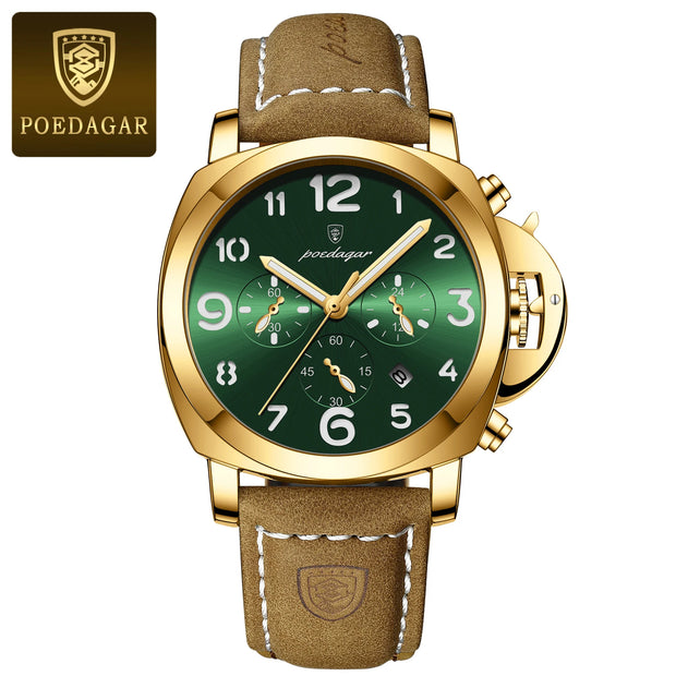 POEDAGAR Luxury Men's Quartz Watch Chronograph Waterproof Luminous Date Casual Leather Sports Military Wristwatch