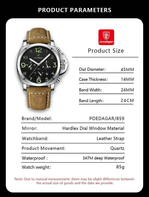 POEDAGAR Luxury Men's Quartz Watch Chronograph Waterproof Luminous Date Casual Leather Sports Military Wristwatch