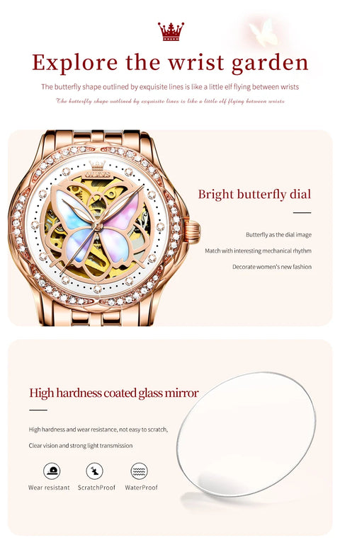 OLEVS Elegant Ladies Watch Butterfly Dial Design Waterproof Ceramic Strap Bracelet Set with Diamonds Ideal Gift