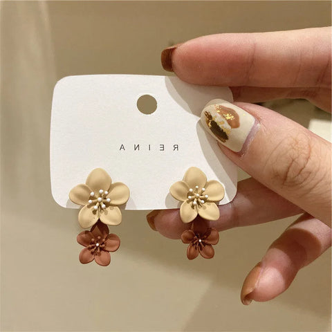 Korean Big Double Flower Drop Earrings for Woman Summer Beach Party Metal Statement Ear  Boho Fashion Jewelry Girl Gift