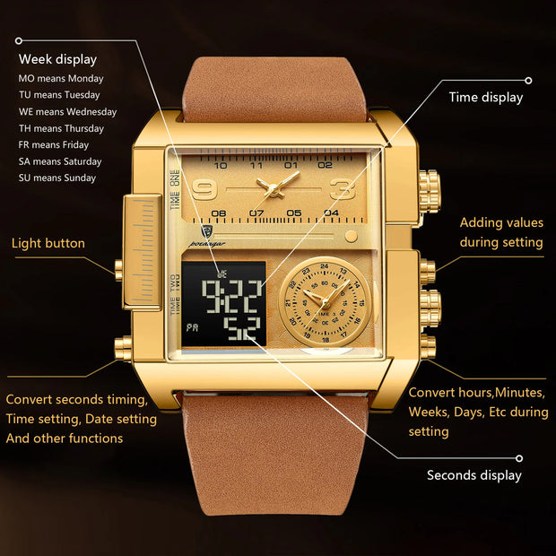 Luxury Men's Quartz Wristwatch Multifunctional Digital Watch with Rectangle Waterproof Luminous Hour and Day Week Display